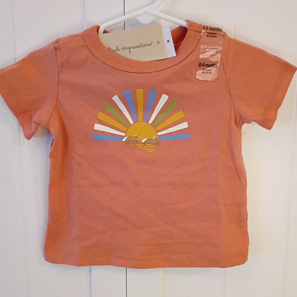 First Impressions Coral Tee with Sunrise Graphic